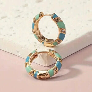 NWTs Gold Tone Green & Blue Enamel Hoop Earrings